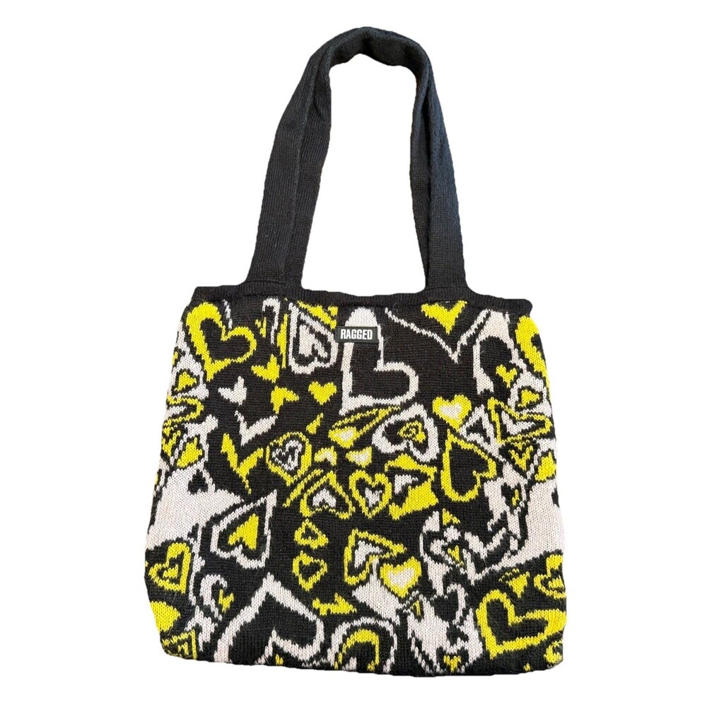 Y2K Ragged Jeans Knit Tote Bag Heart Print Black Yellow Shoulder Bag